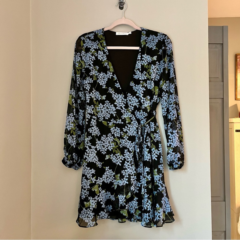 Blue and Black Floral Wrap Mini Dress with Long Sleeves EUC